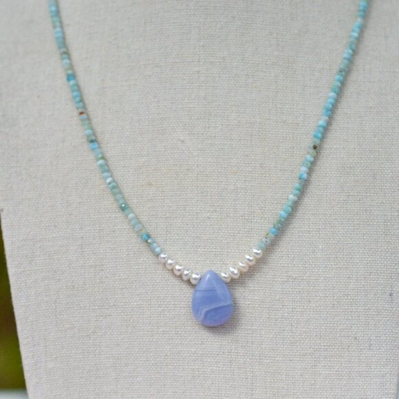 Larimar & Freshwater Pearl Necklace with Blue Lace Agate Pendant – 18.25” - Picture 3 of 5